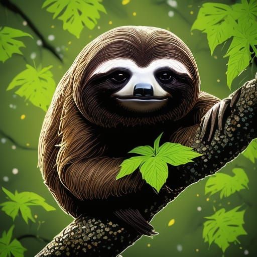 Whimsical Sloth in Lush Foliage, Fantasy Art