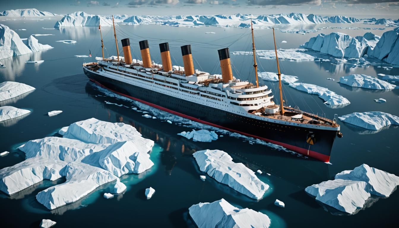 Futuristic Titanic Among Icebergs at Blue Hour