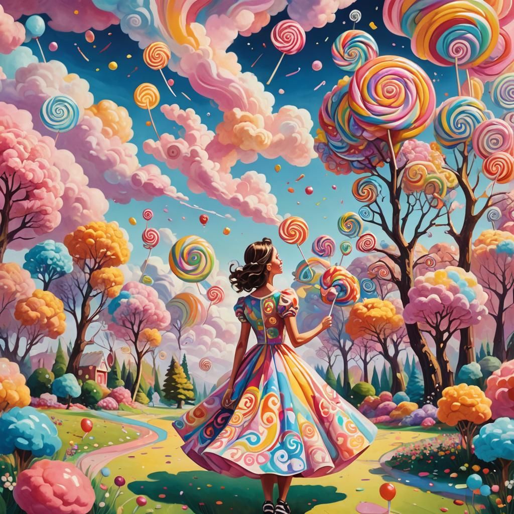 Candy Wonderland: Woman in a Gouache Dreamscape