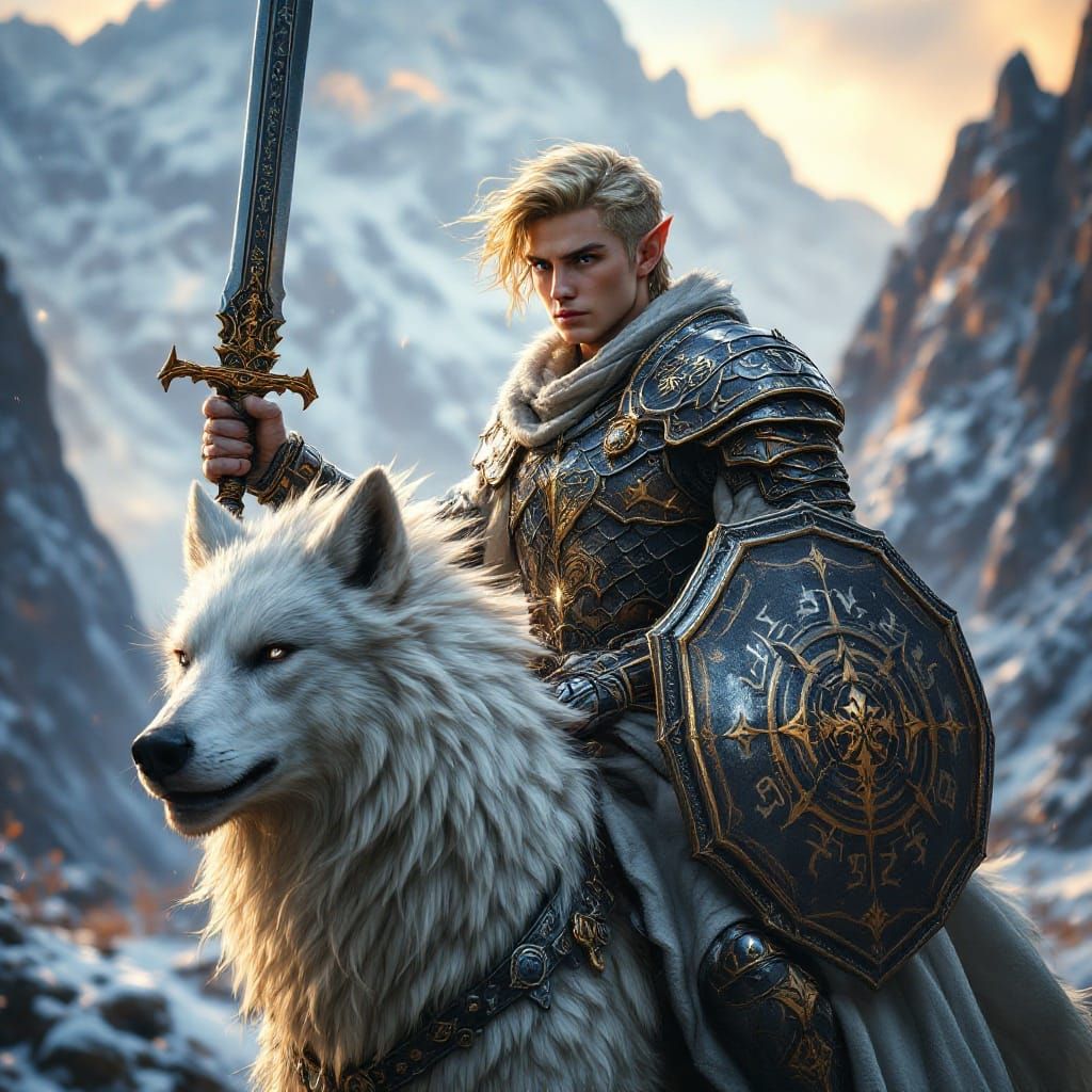 Heroic Dark Fantasy Warrior in Dragon Armor Rides Majestic W...