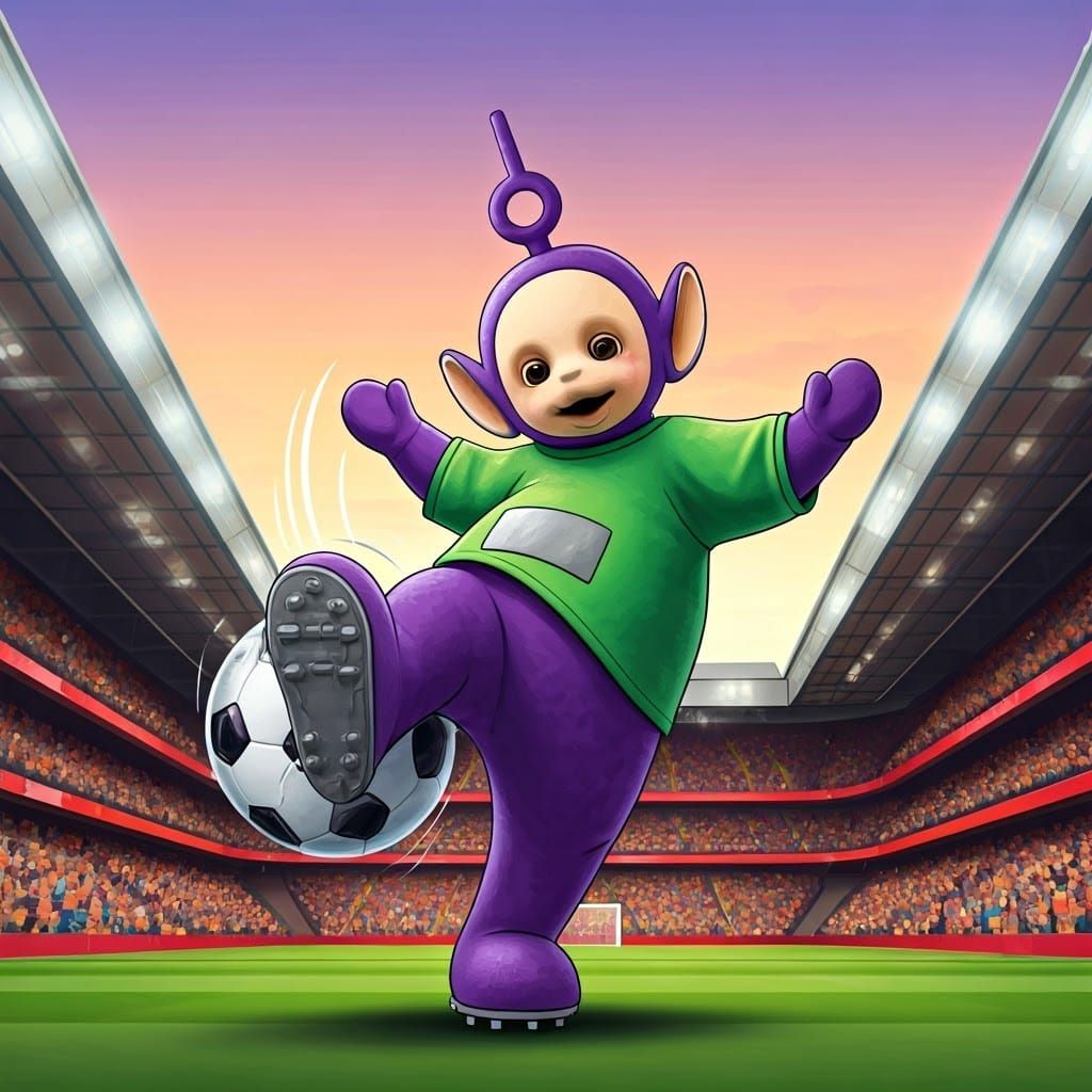 Whimsical Teletubby Soccer Scene in Vibrant Colors