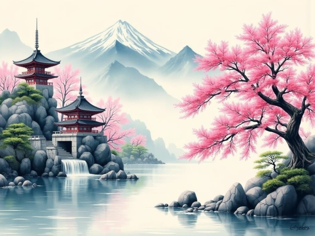 Surreal Watercolor Landscape with Pagoda and Cherry Blossoms