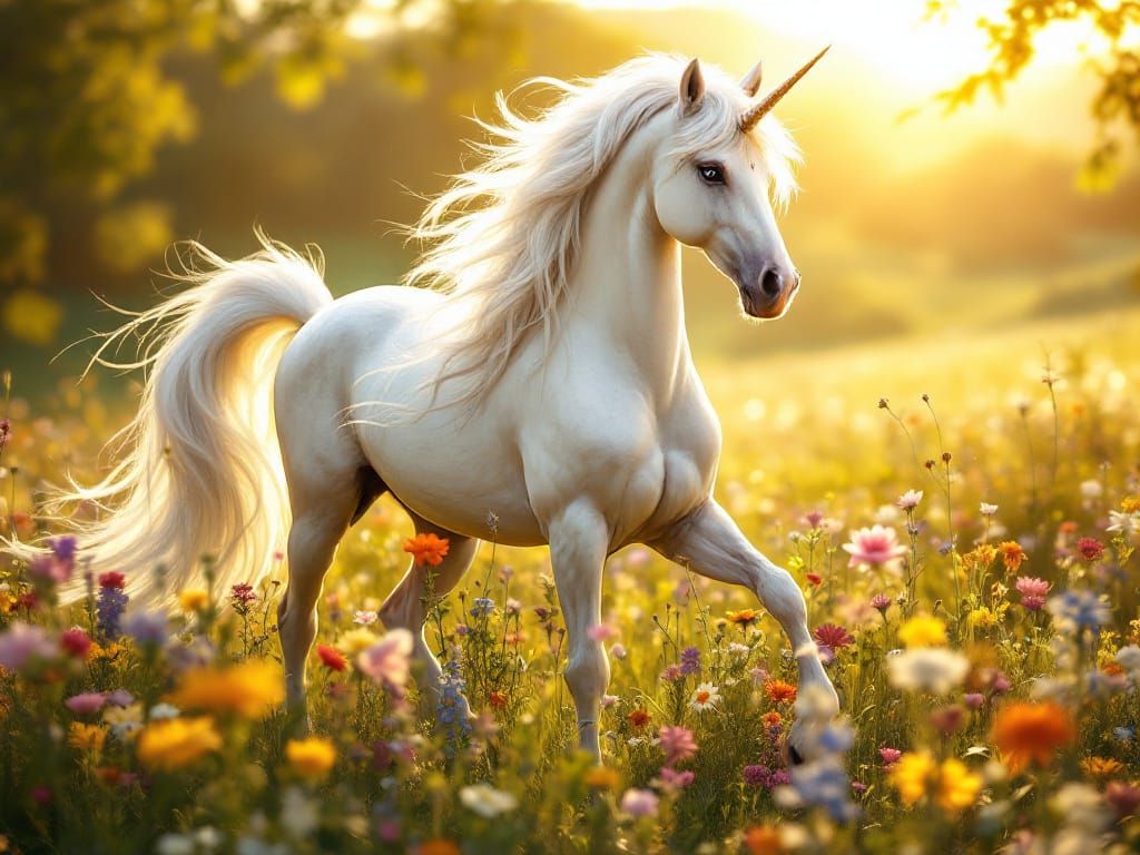 Majestic Unicorn in Sunlit Meadow, Neo-Romantic Fantasy