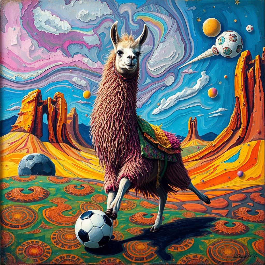 Llama Kicks Soccer Ball in Surreal Landscape