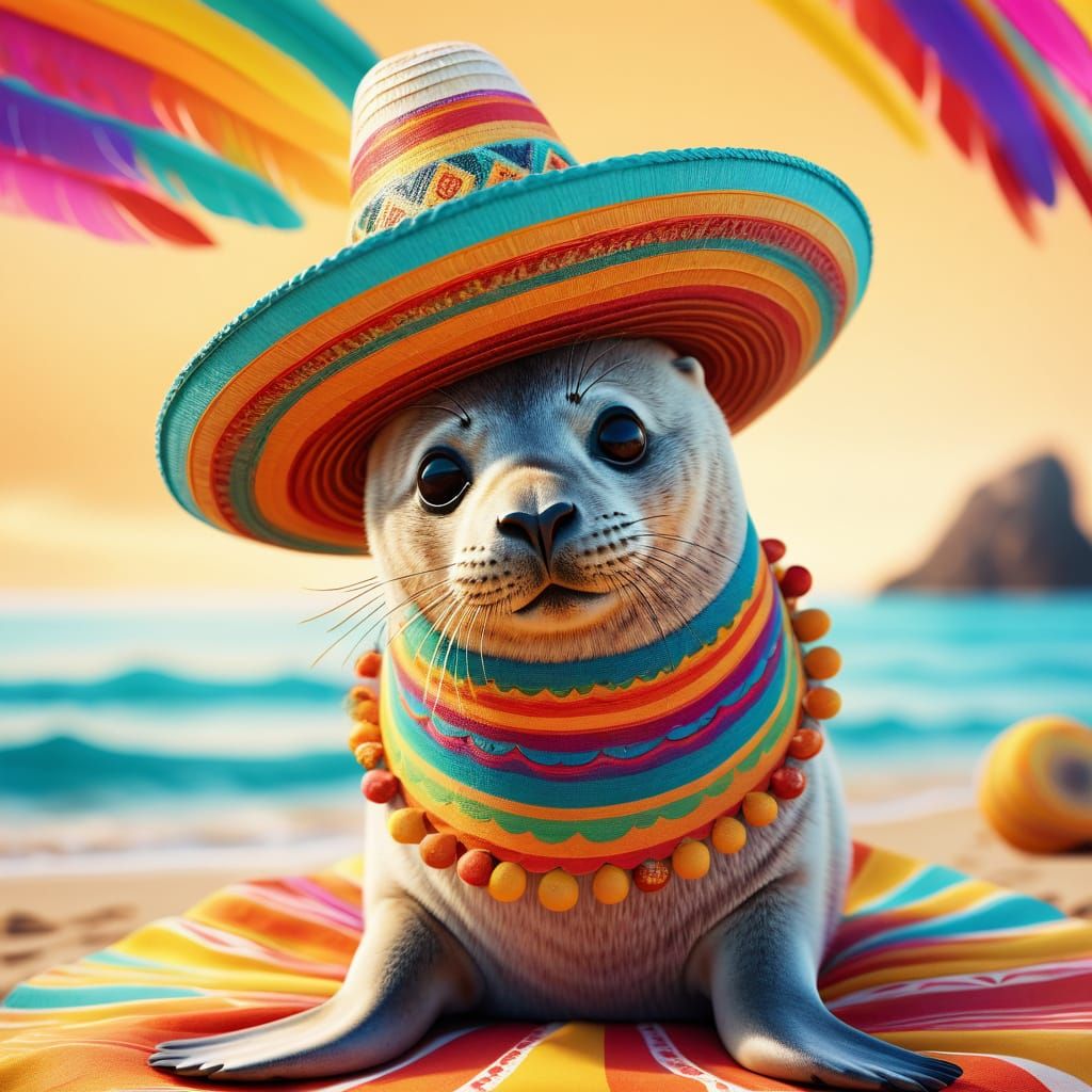 Seal on Beach Wearing Sombrero in Fiesta Style