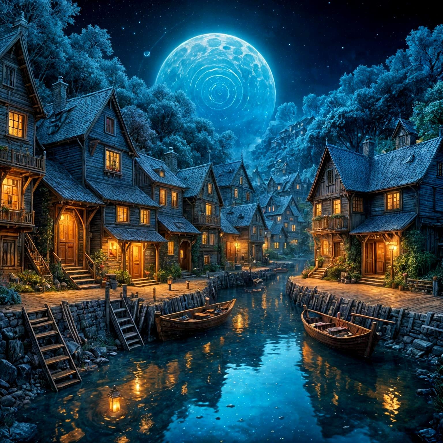 Whimsical Steampunk River Village Under Starry Night Sky