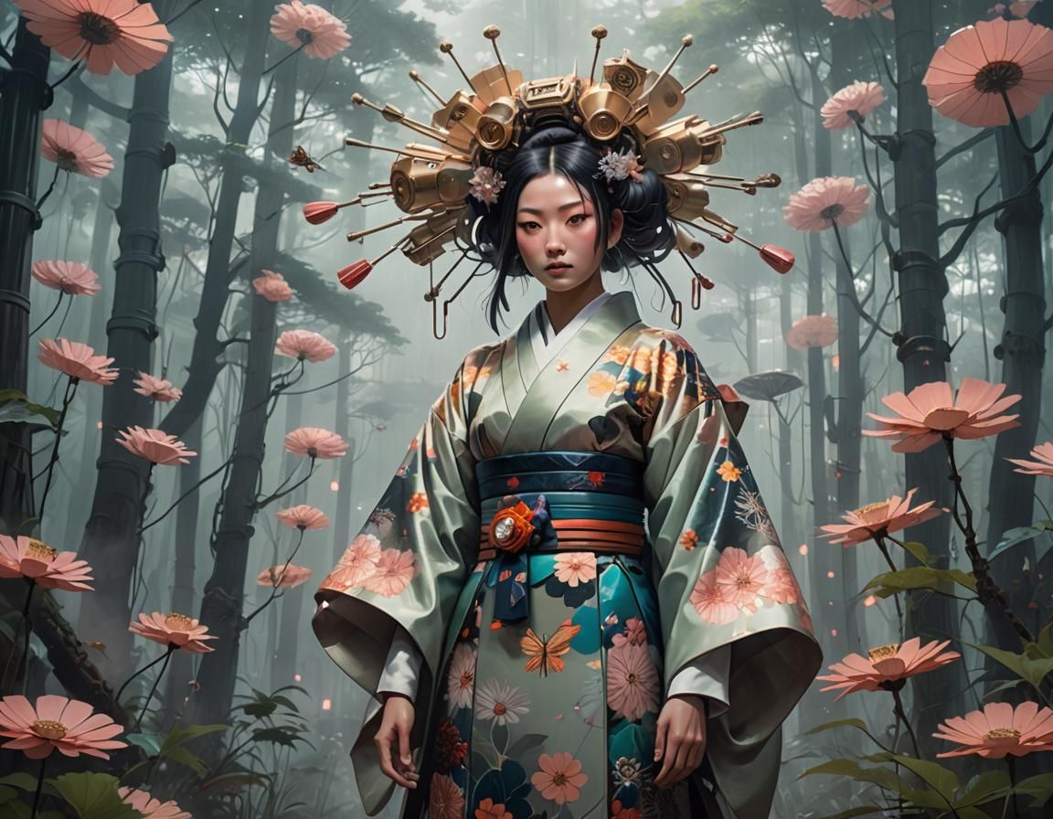 Mechanical Flowers Bloom in Foggy Cyberpunk Forest