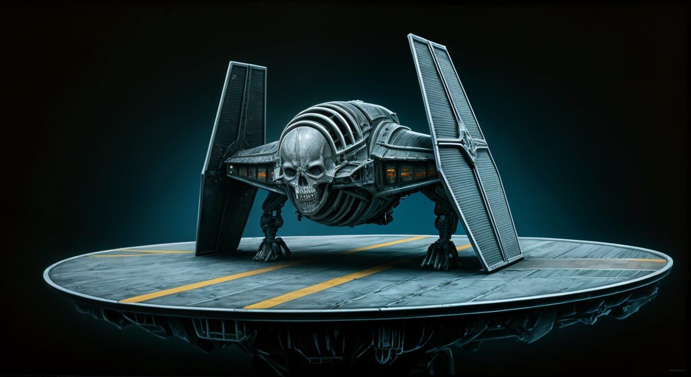 Skeletal Tie Fighter on Landing Pad: Giger Style
