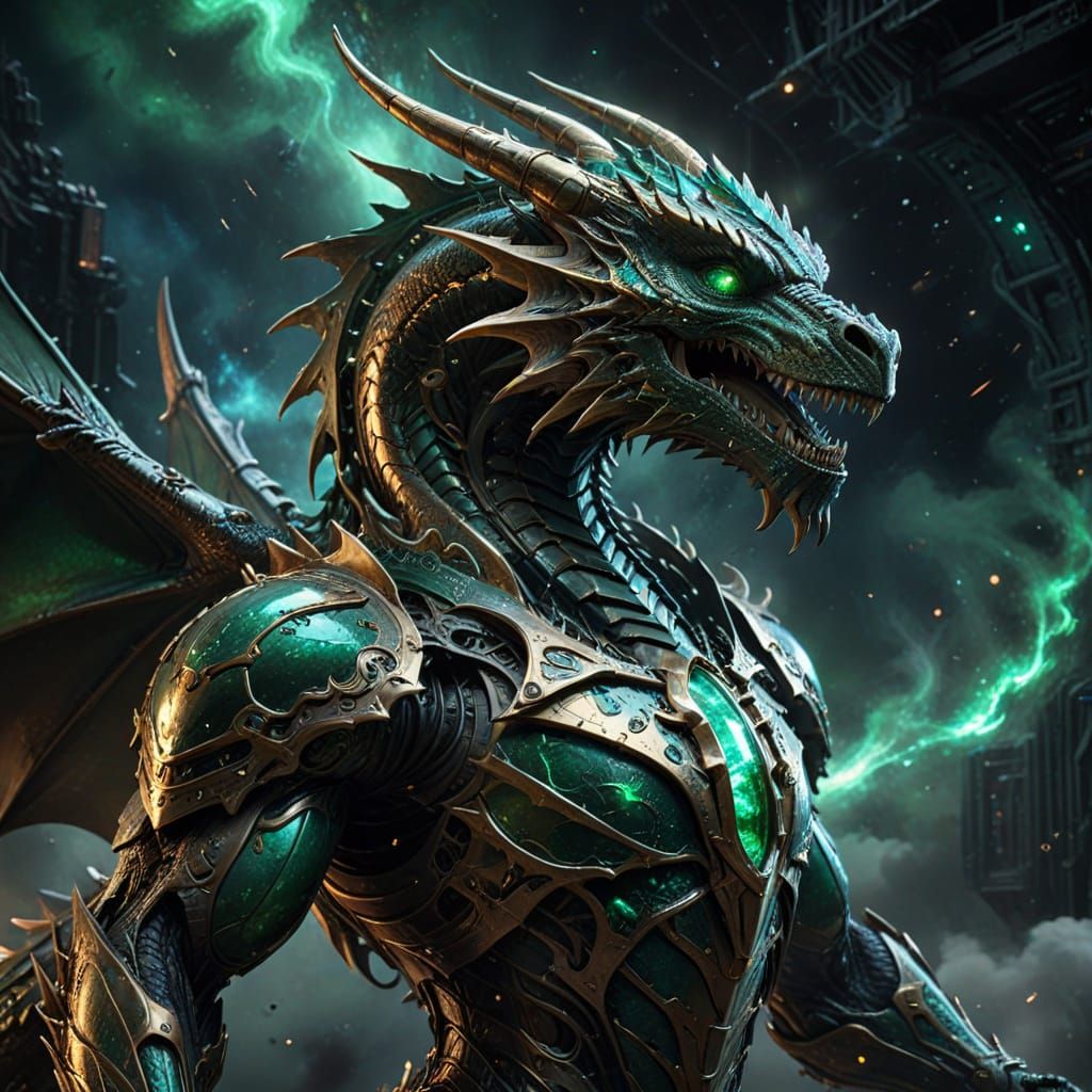 Clockwork Dragon Soaring Through Cosmic Nebula in Chiaroscur...