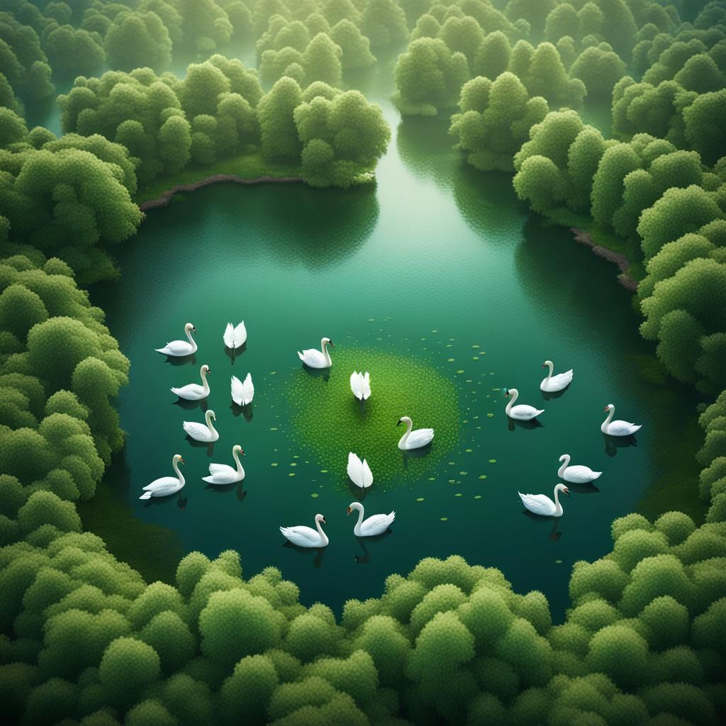 Aerial View of Swans: Detailed Matte Painting