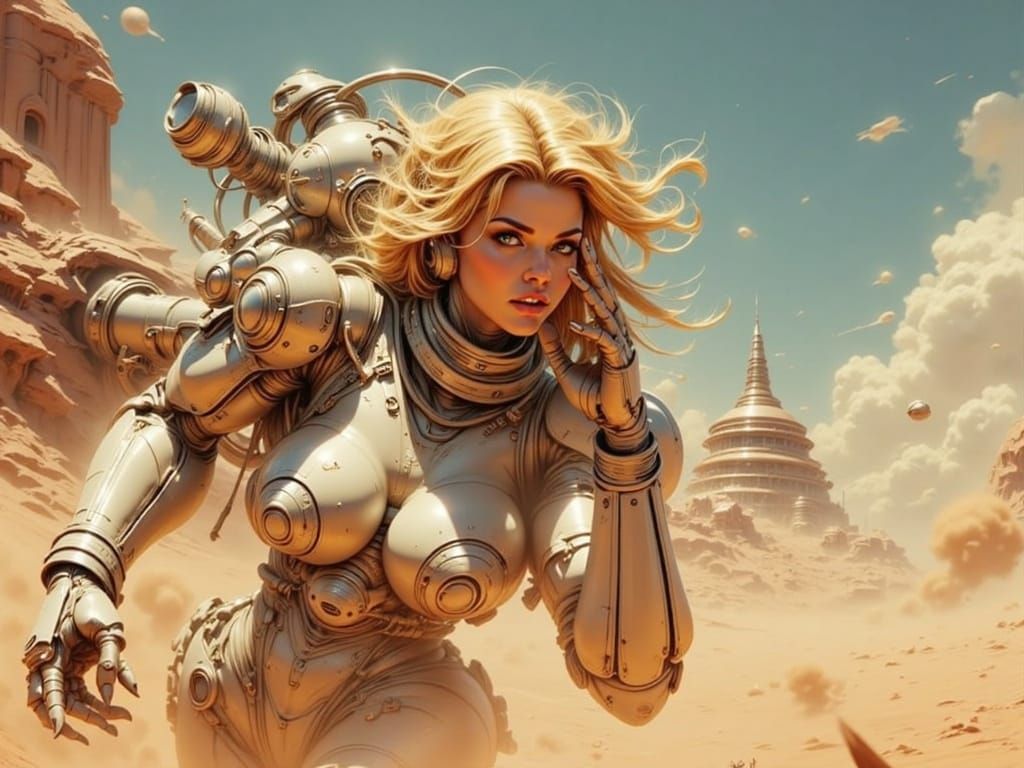 Cyborg Woman in Martian Sandstorm: Vintage-Futurism