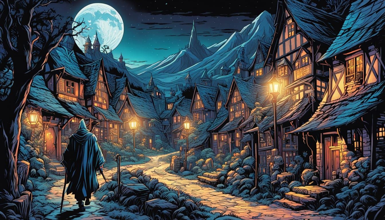 Wizard Walks Through Village in Comic Book Art