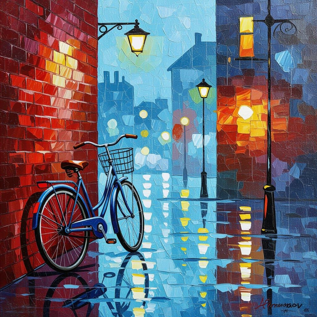 Vintage Bicycle in Summer Rain, Impasto Painting