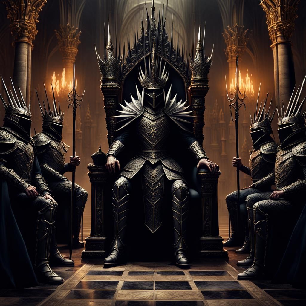 Evil King in Gothic Throne Room with Armored Guards