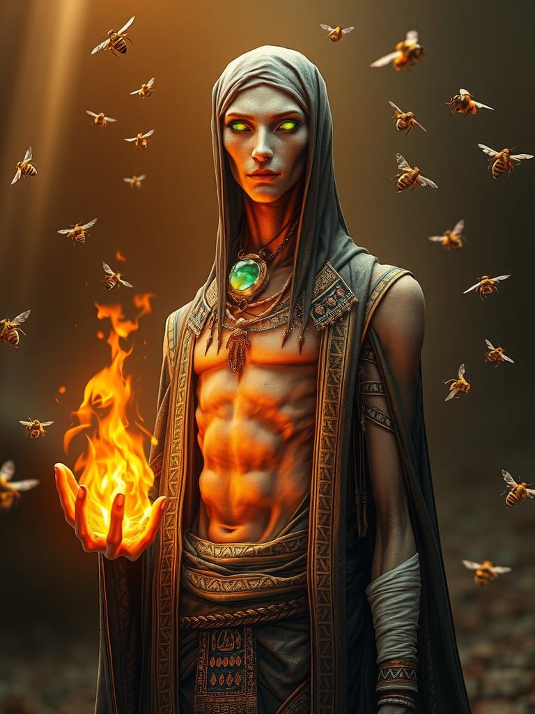 Mystical Figure in Golden Light, Ancient Egyptian Patterns, ...