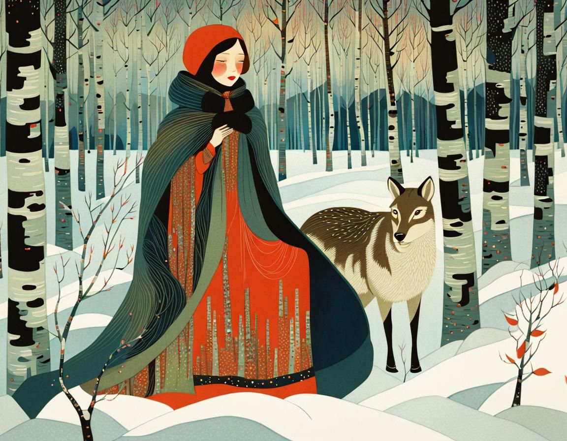 Girl in Winter Birch Forest: Intricate Illustration