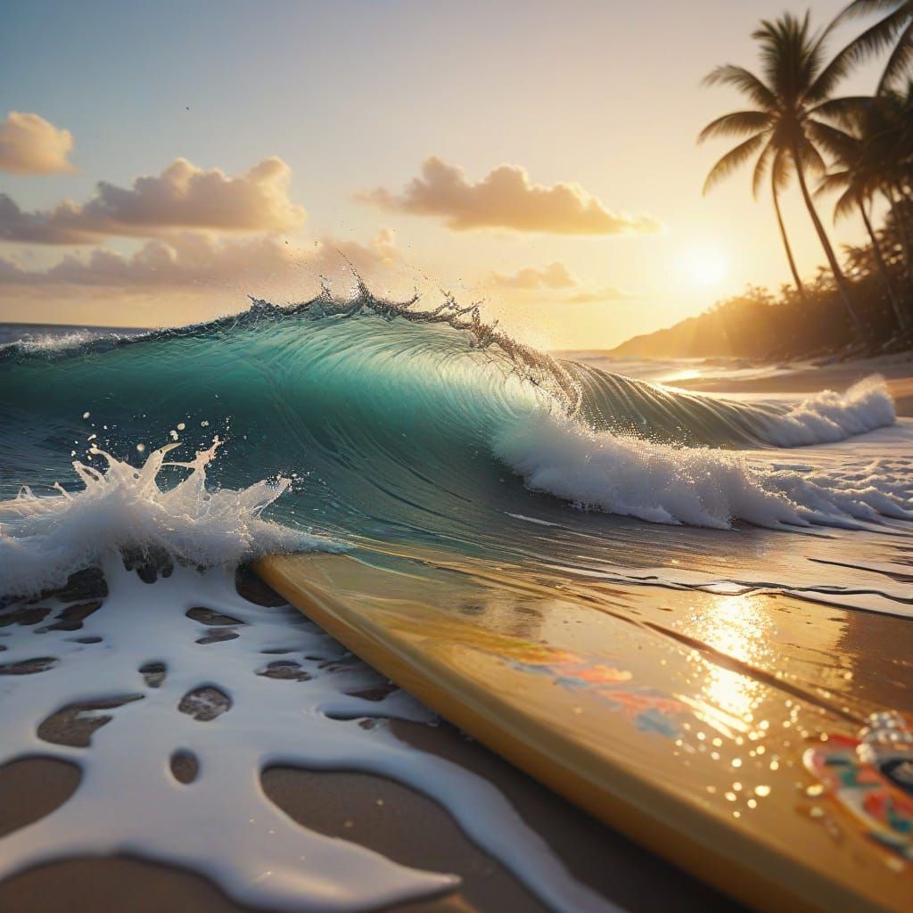 Vibrant Surfboard on Tropical Beach in Hawaiian Tattoo Style