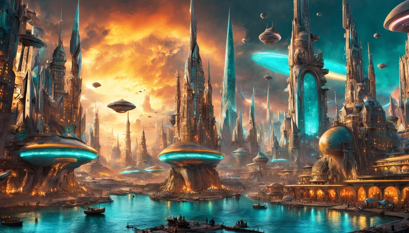 Turquoise City with Starships: Digital Matte Painting