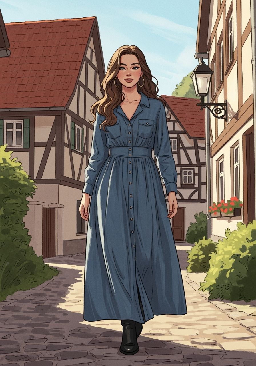 German Woman in Denim Maxi Dress in Village