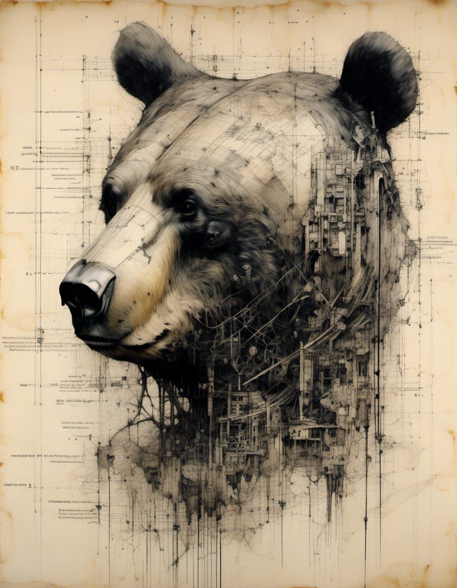 Mechanical Bear Exoskeleton Blueprint in Charcoal Style