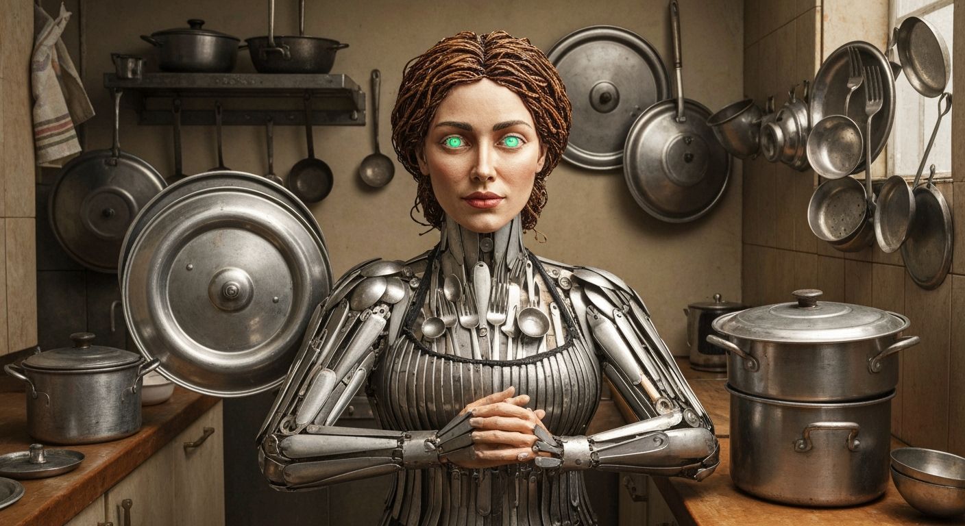 Woman Composed of Kitchenware with Opal Eyes