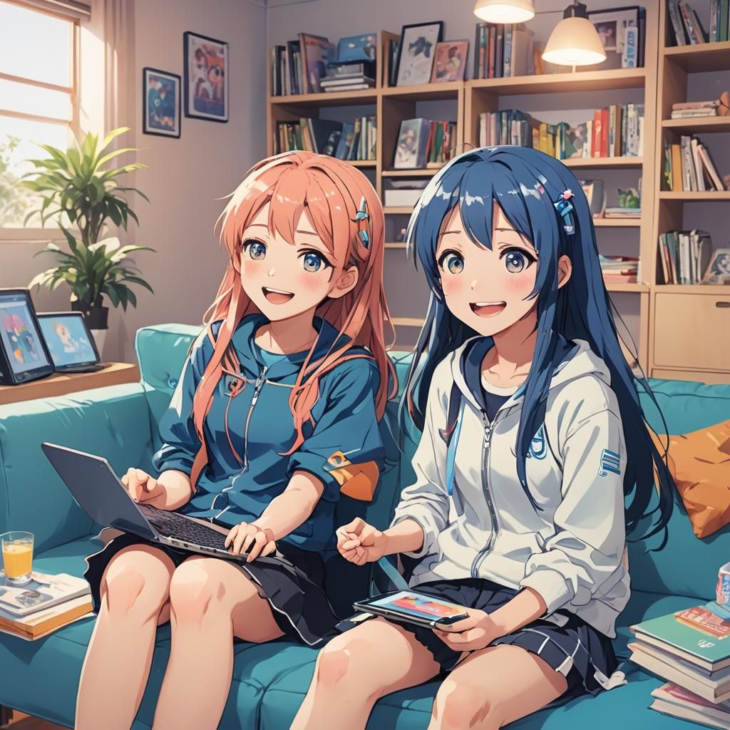 Vibrant Anime Art of Girls Laughing Together