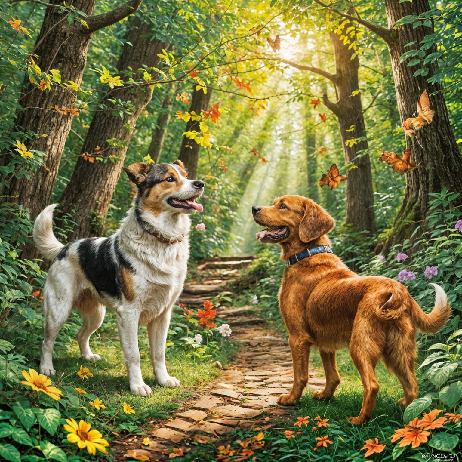 Dogs Playing in a Bright Woodland Scene