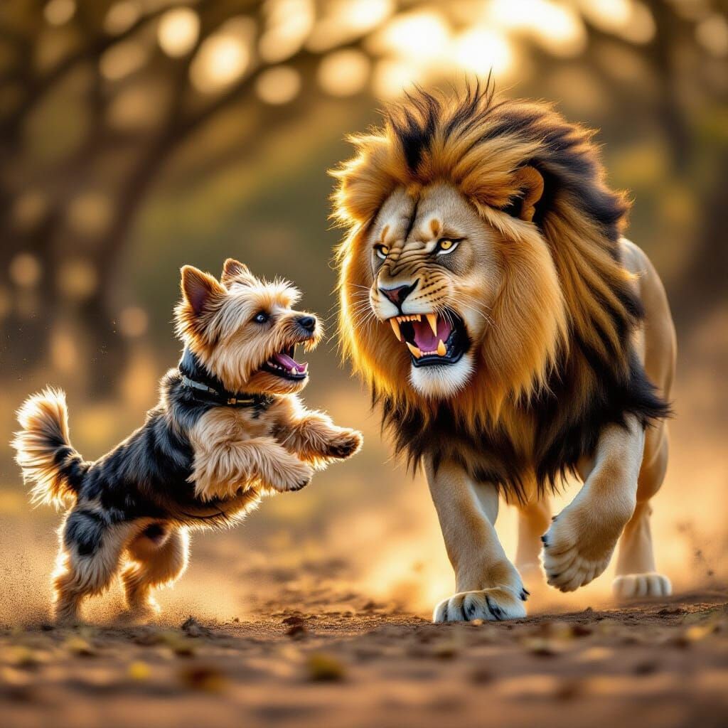 Australian Terrier vs. Lion in Dramatic Cinematic Style