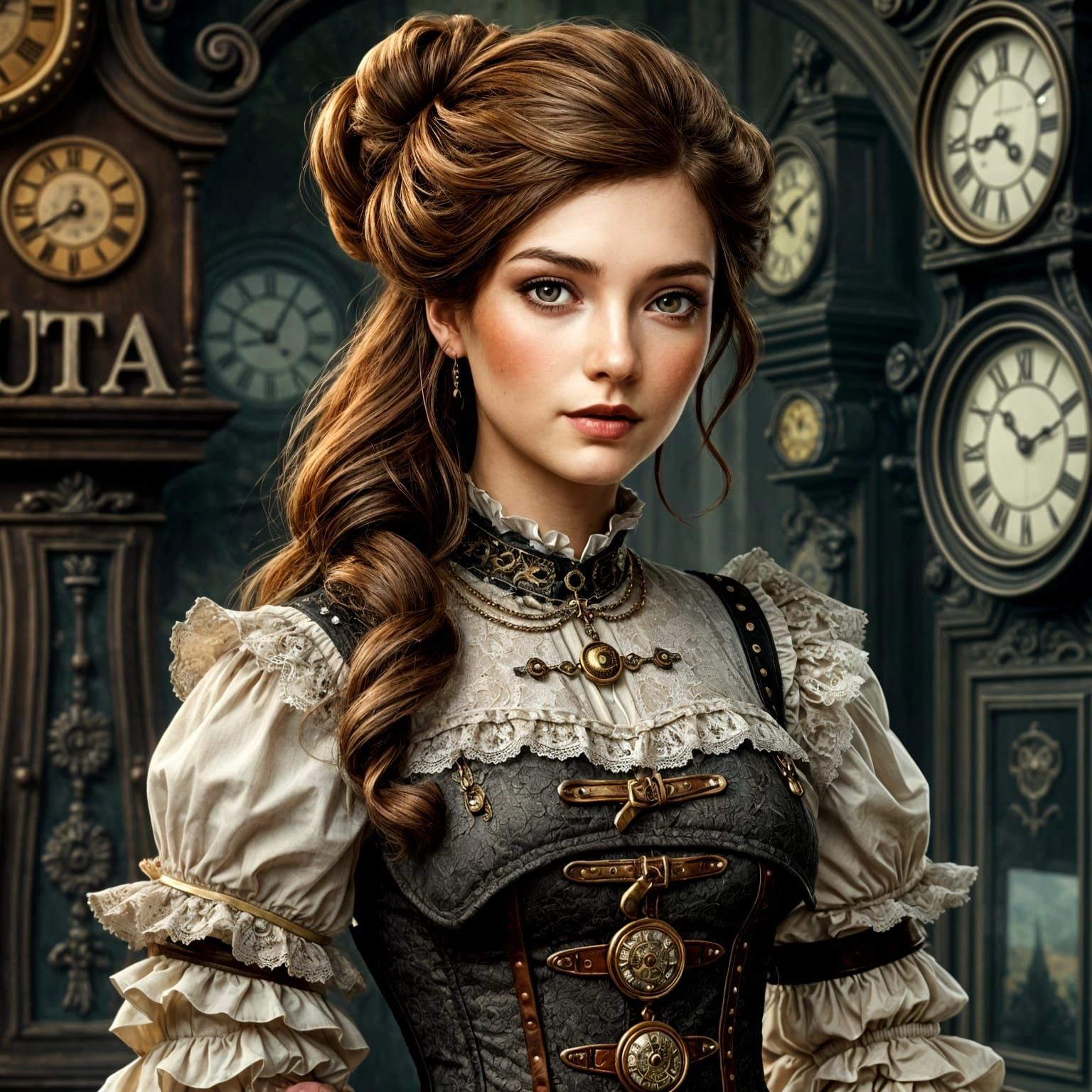Steampunk Victorian Woman in Gothic Clock Shop