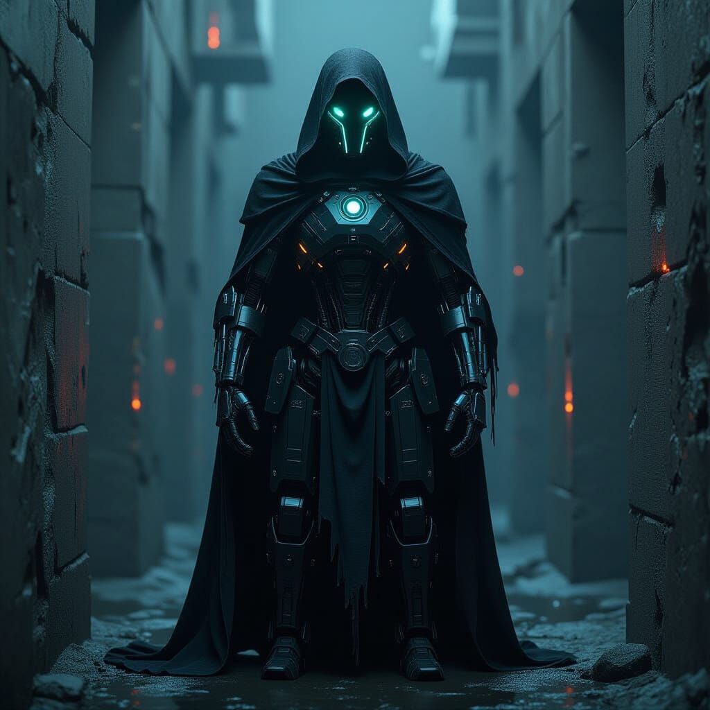 Bioluminescent Robot Guardian in Cyberpunk Style