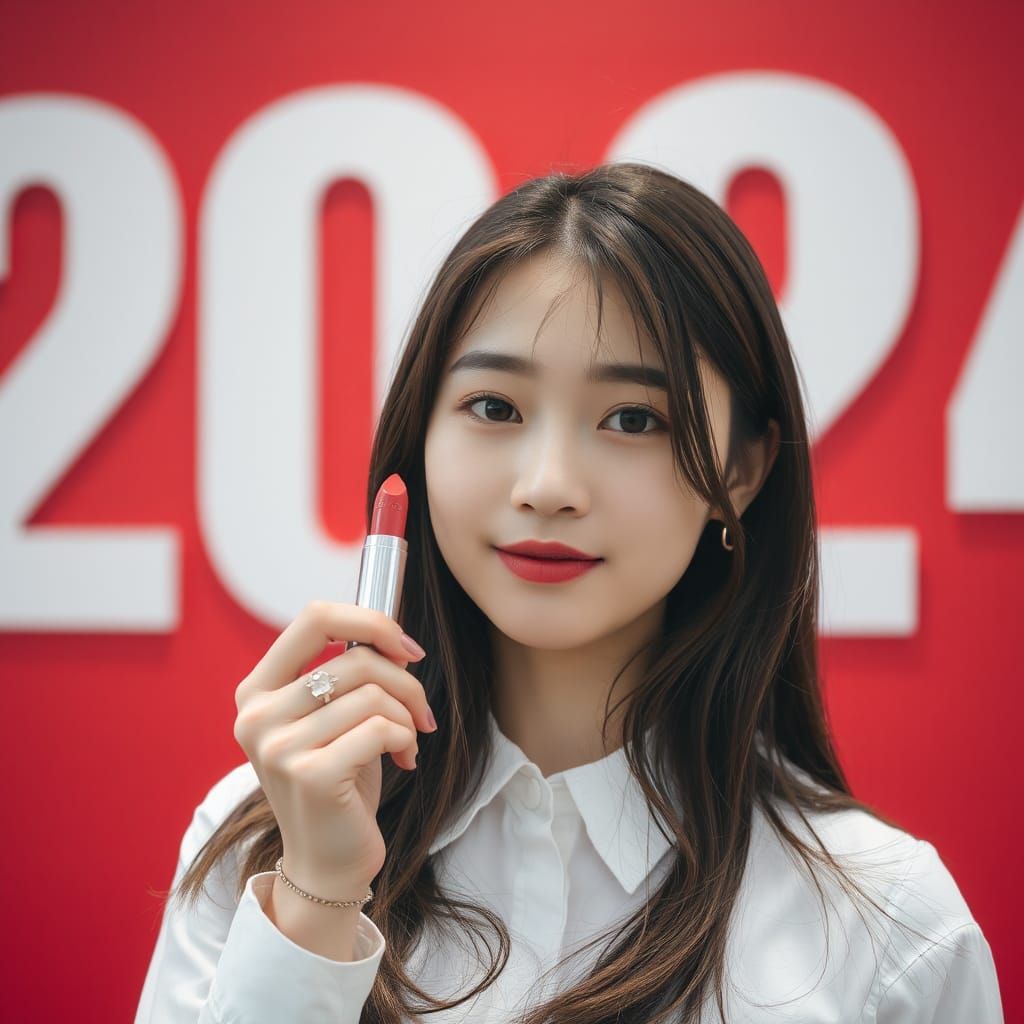Young Asian Woman with Lipstick in Front of 2024 Wall