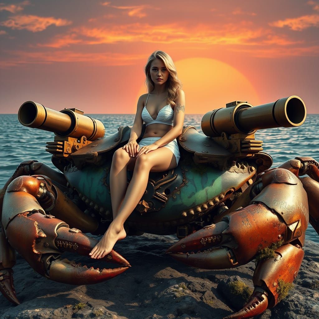 Woman on Giant Crab with Graffiti, Biomechanical Style