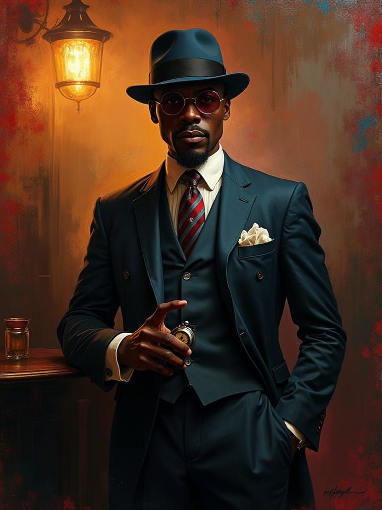 1920s Jazz Club Gentleman in Vibrant, Expressive Brushstroke...