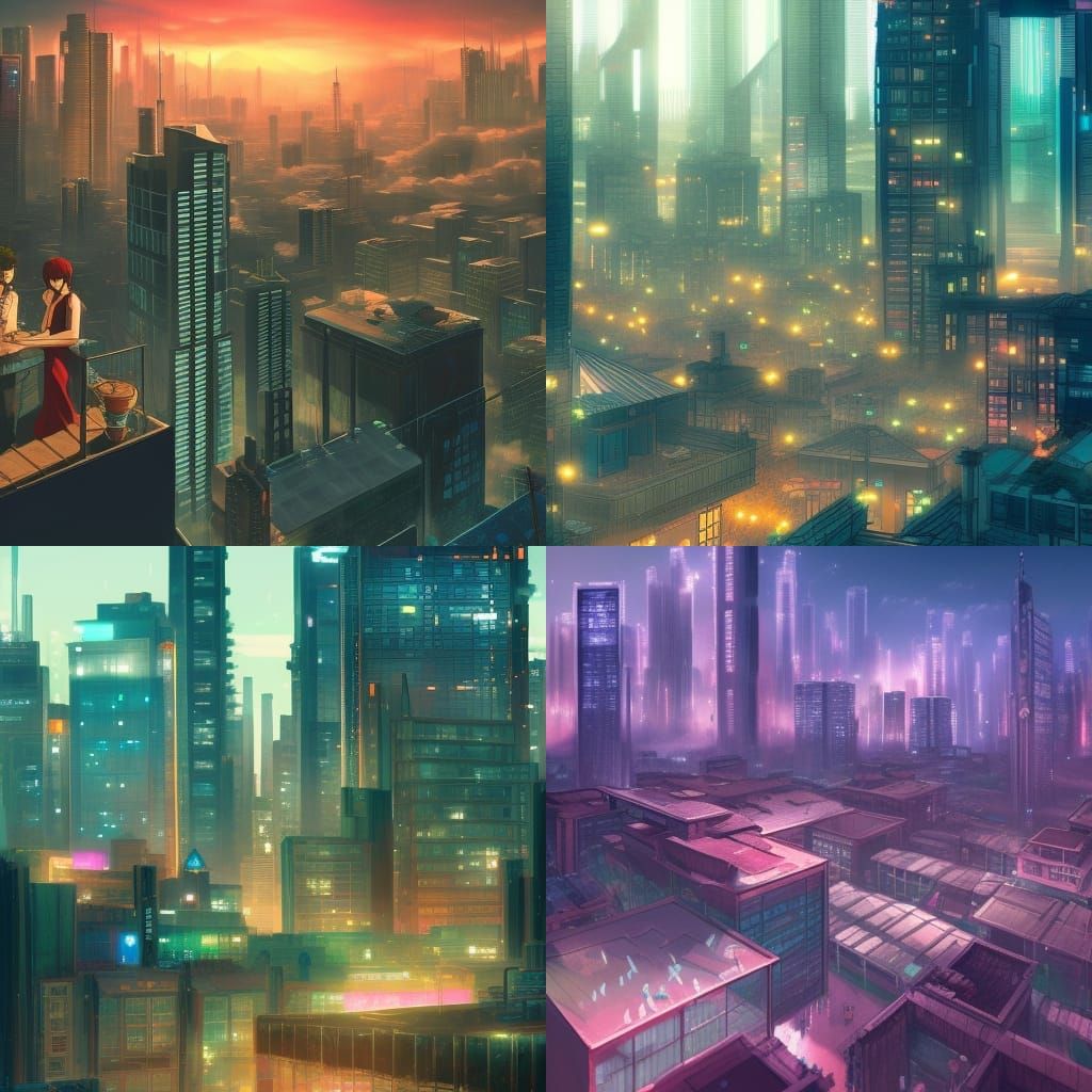 Cyberpunk Rooftop Party in Studio Ghibli Anime Style