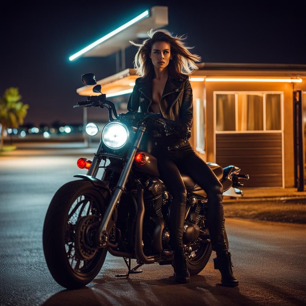 Motorcycle Rider at Night in Neon Lights