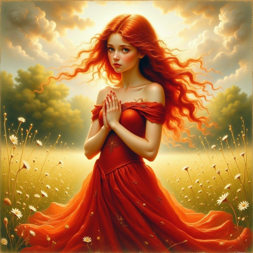 Gentle Girl in Crimson Dress Stands in Sunny Meadow