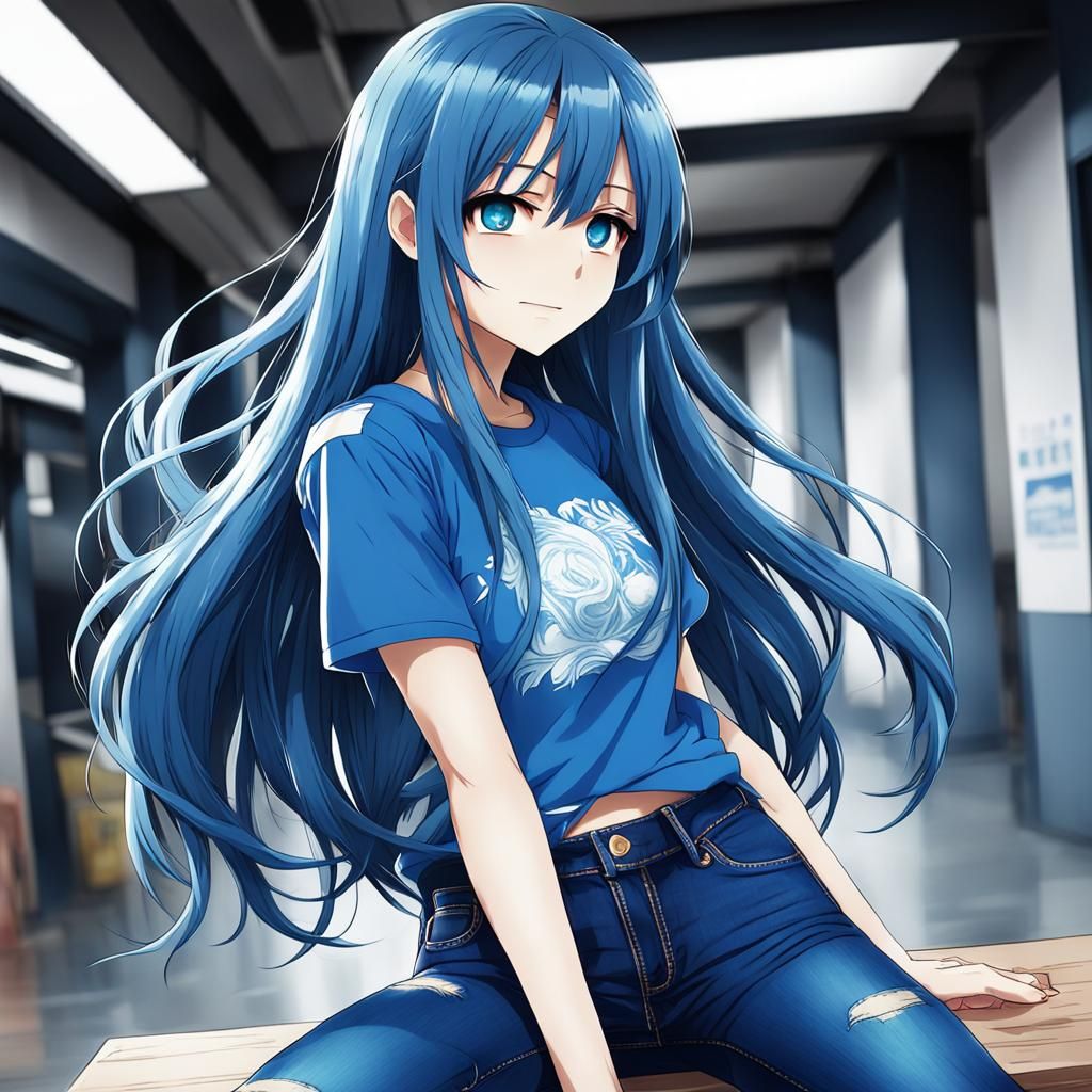 Anime Girl with Long Blue Hair in Manga Style