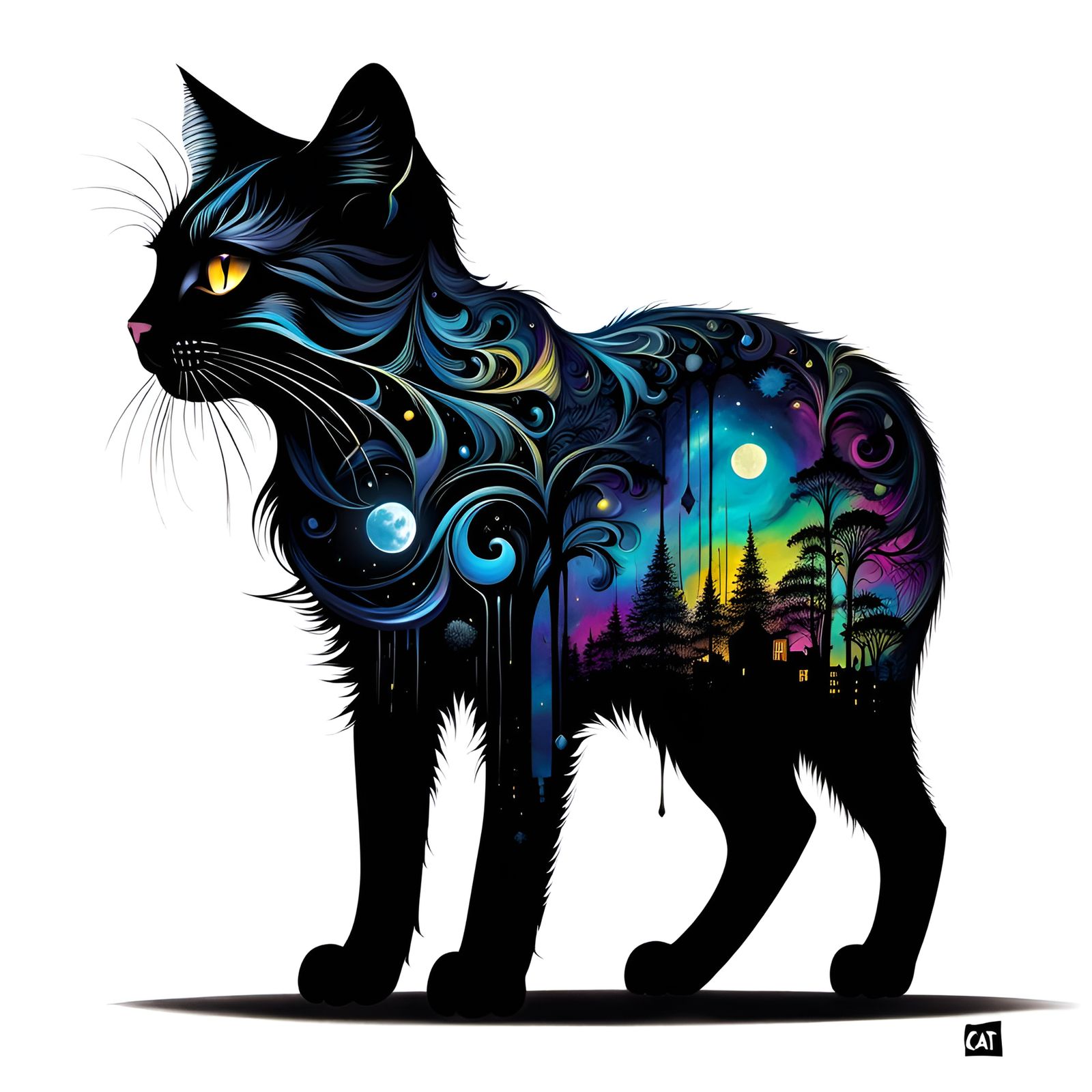 Etherial Cat in Metallic Fractal Moonlight