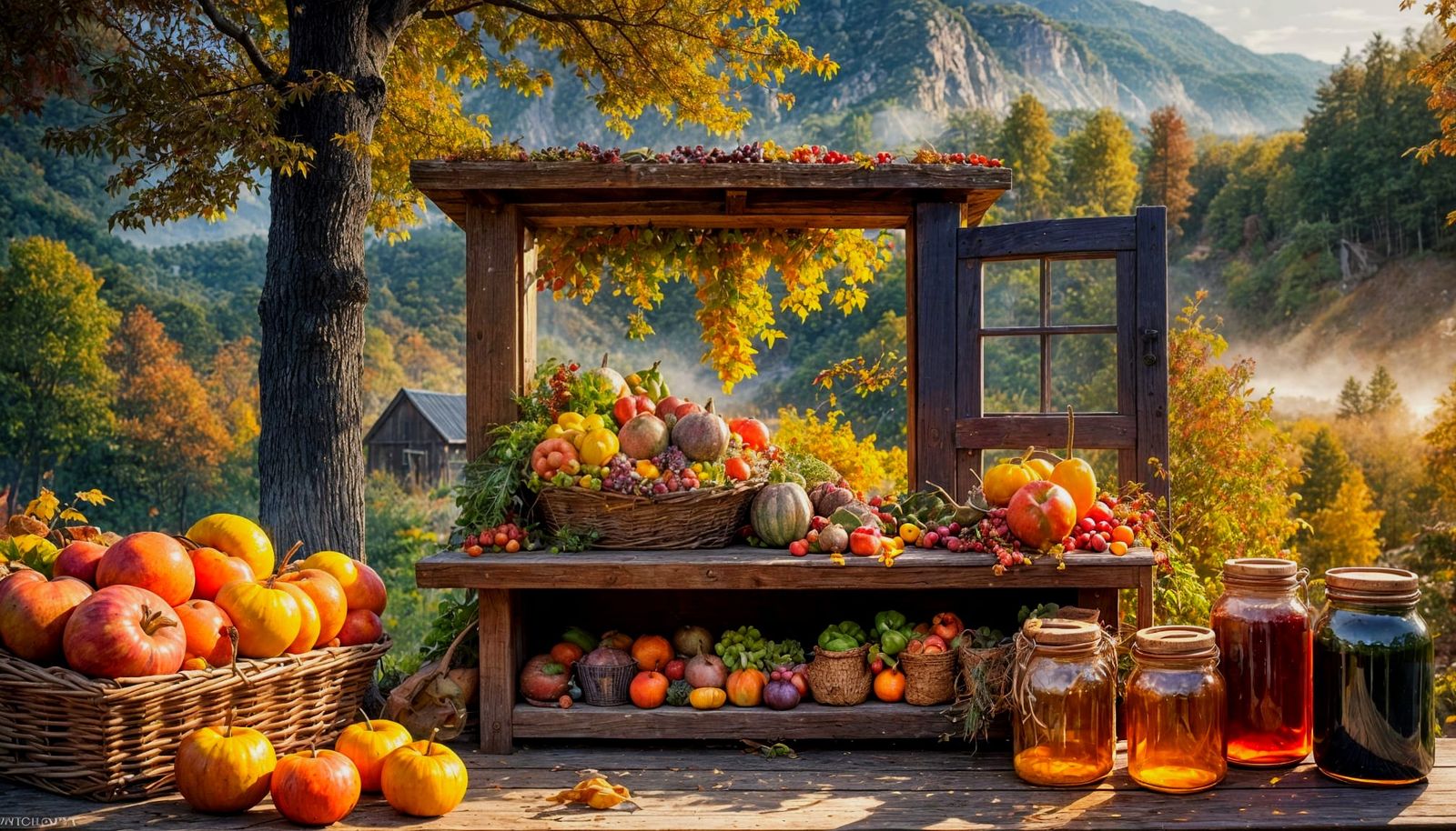 Whimsical Autumn Farmstand at Sunset in Sfumato Style