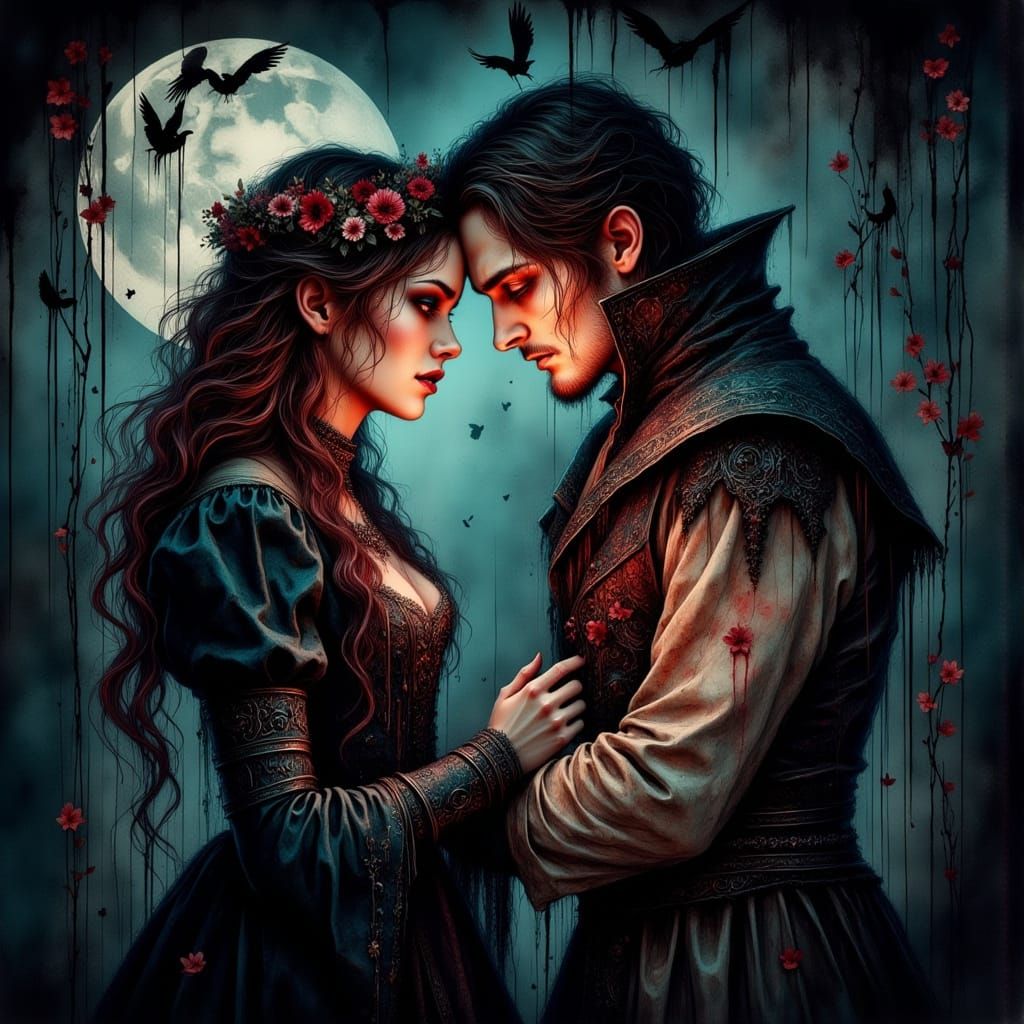 Tudor Maiden and Vampire Lord Embrace in Gothic Art