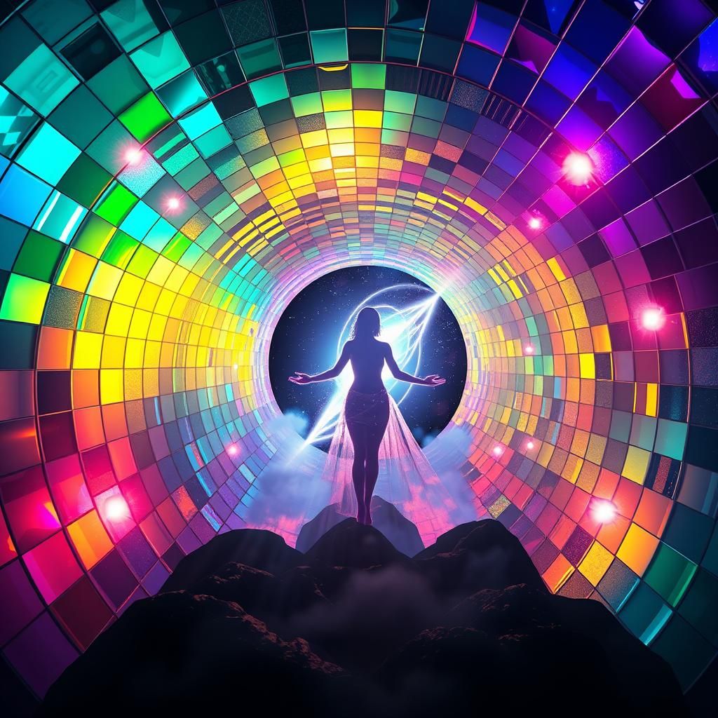 Iridescent Cosmic Tunnel and Goddess Silhouette