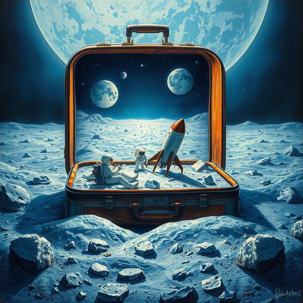 Whimsical Lunar Wonderland with Rocketship and Astronaut
