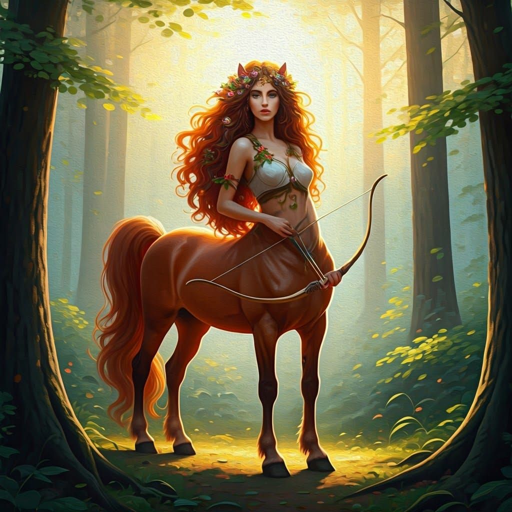 Elegant Centaur in Forest Clearing as Impasto Painting