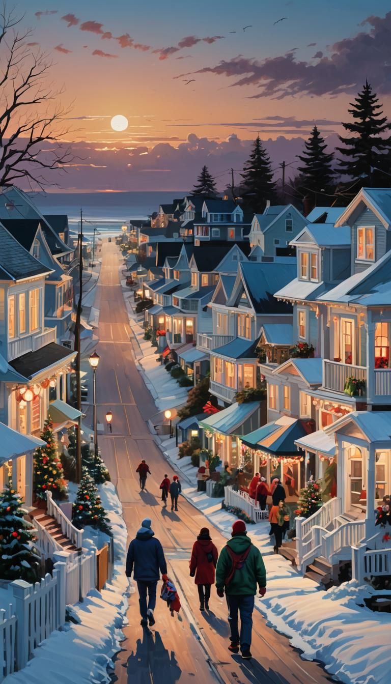 Christmas Cottages by the Ocean at Dusk