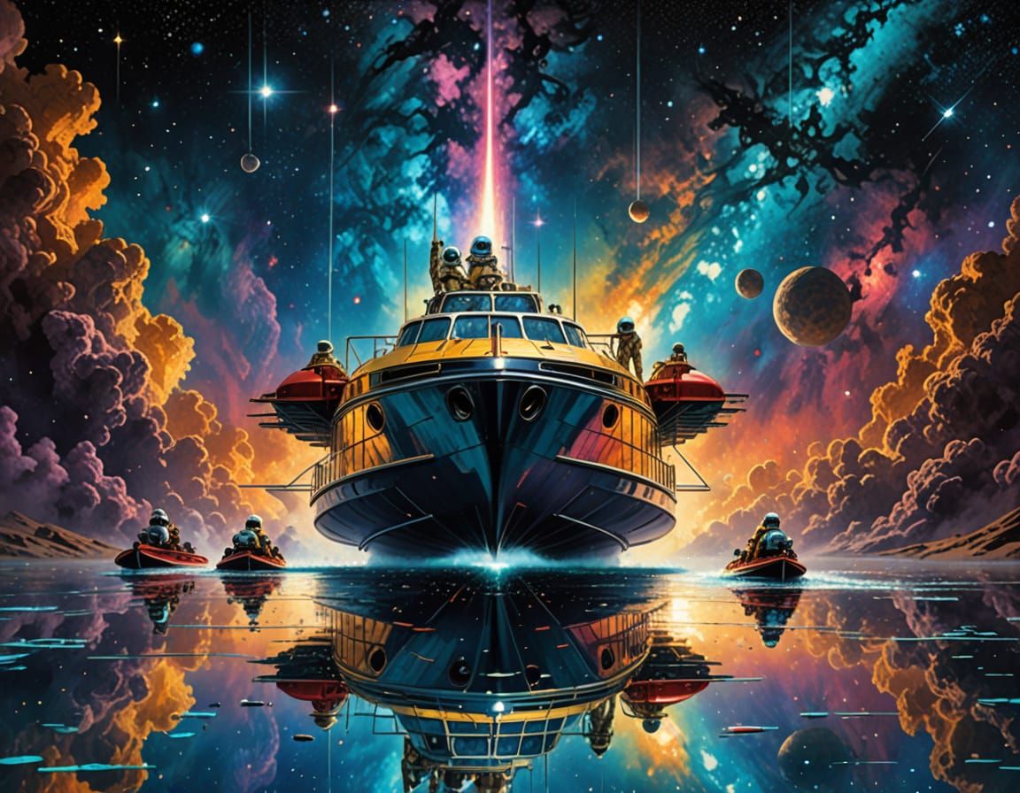 Futuristic Spaceship Explores Cosmic Wonders in Vibrant Tria...