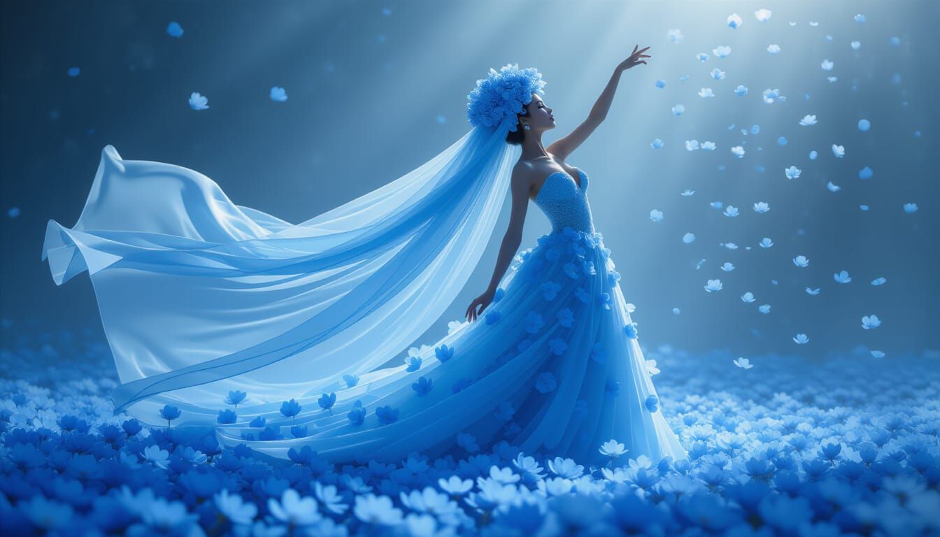 Surreal Woman Dancing with Flower Petal Dress