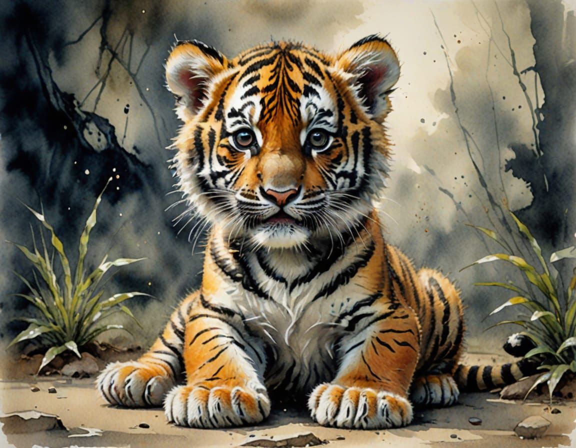 Dreamlike Tiger Cub in Vibrant Watercolor