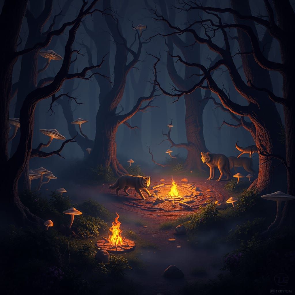 Majestic Wolf Pack in Dark Fantasy Forest