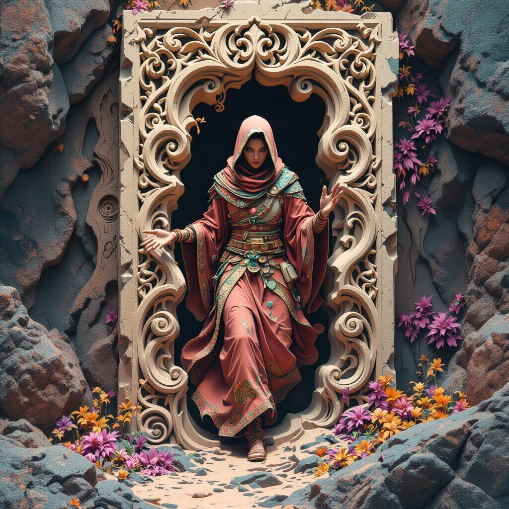 Person Erupting from Carved Block in Matte Painting Style