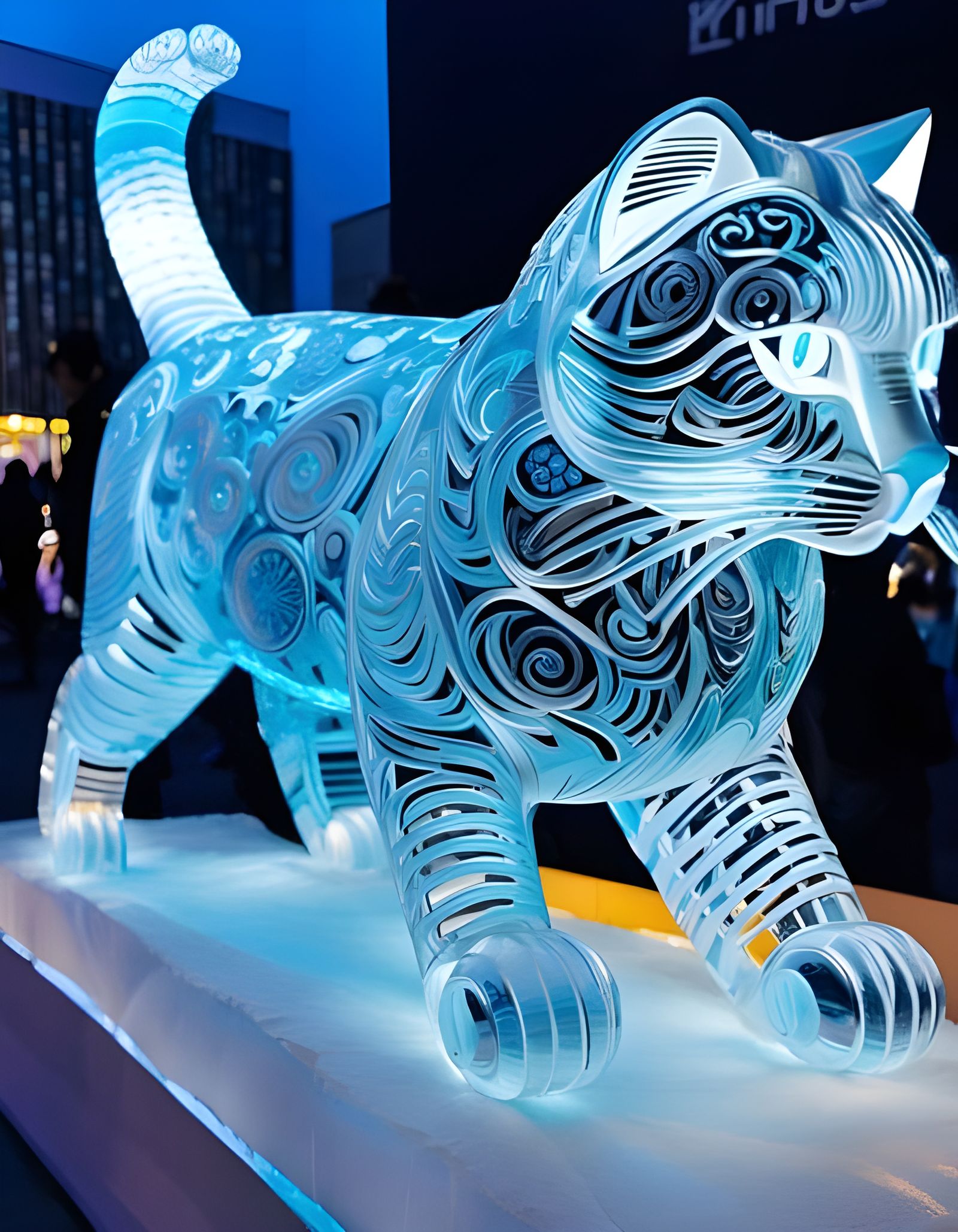 Neon Lit Ice Cat Sculpture Inspired by Fairytales
